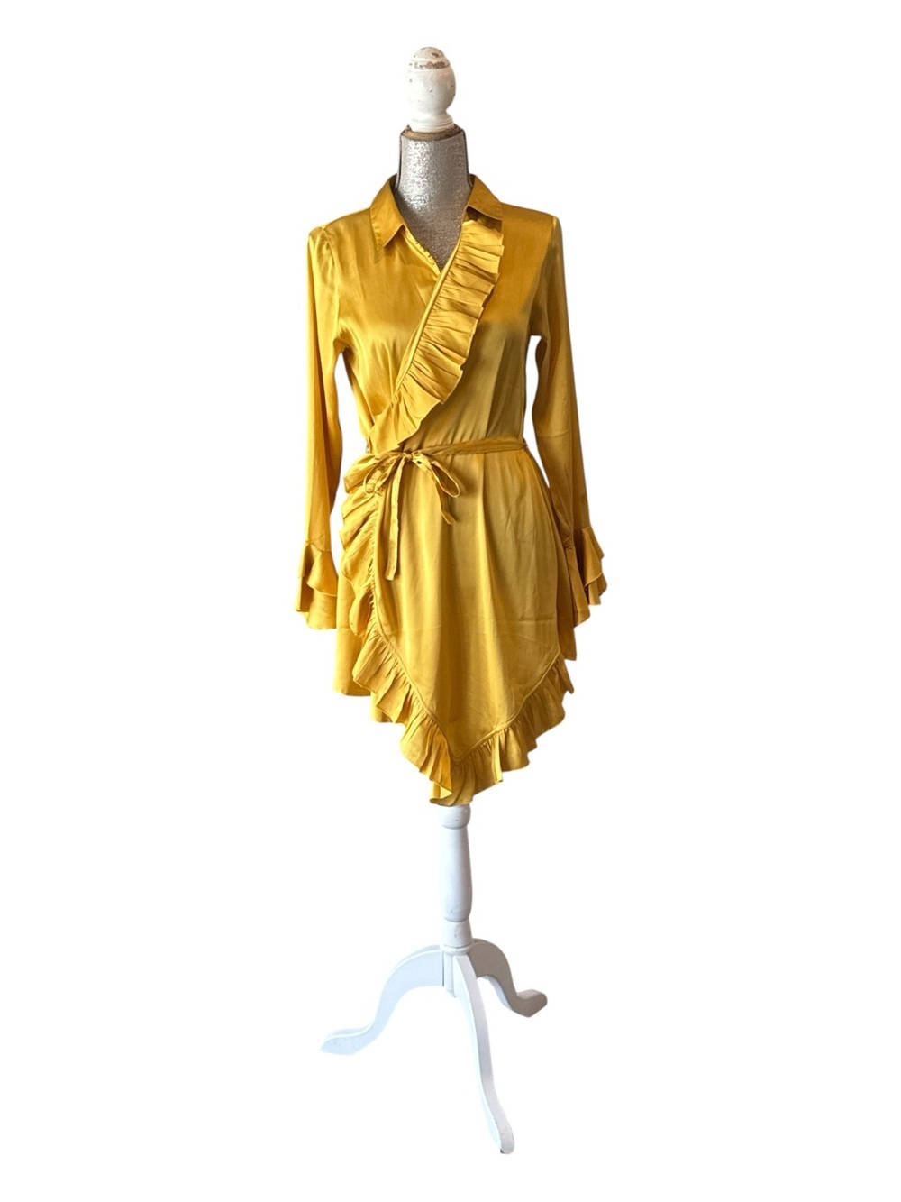 ASOS Sacred Hawk Mustard Gold Satin Ruffle Wrap Mini Dress Size XS